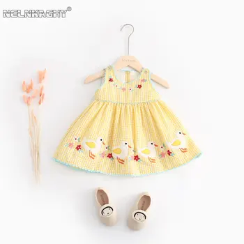 Сладък Детски дрехи без ръкави с дължина до коляното за малки момичета: Бродирани цветя, мультяшные уточки, Детско празнично принцеса рокля в клетката