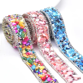 2 м/лот, 2 см широки, цветен чакъл, планински кристал с оризов мъниста, топла диамантена основа, залепваща дрехи, чанта за обувки, диамантена лента