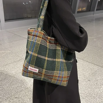 Дамска чанта-тоут, вълнени торбички за пазаруване по рамото за жени, по-голям капацитет, есен-зима, нова мека клетчатая дамски дизайнерска чанта за пътуване