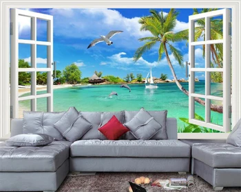 beibehang, съвременна спалня, плаж, море, кокосова палма, синьо небе, бял облак, средиземноморски тапети от папие-маше